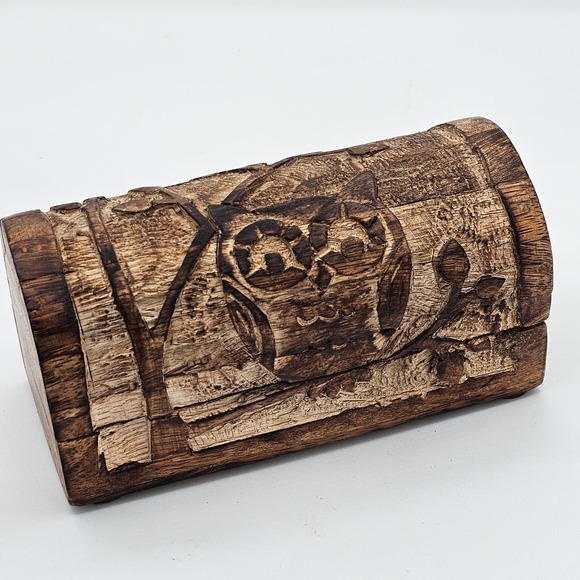 Vintage Wooden Owl on Branches Jewelry Chest - Rustic Hand Carved Trinket Box - Picture 1 of 8